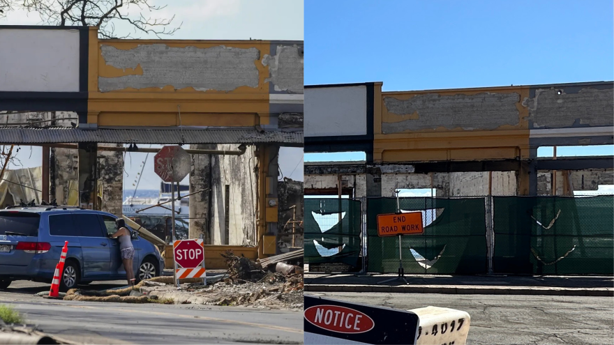 Before and after comparison of shops at Front Street and Dickenson Street